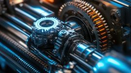 Detailansicht eines komplexen Getriebes mit Zahnrädern und mechanischen Bauteilen.