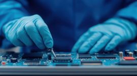 Techniker mit blauen Handschuhen arbeitet an einer Leiterplatte mit Werkzeug.