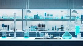 Laborarbeitsplatz mit vielen Glasgefäßen, Kolben und Messzylindern, die mit blauer Flüssigkeit gefüllt sind.