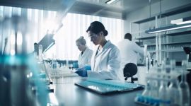 Wissenschaftlerinnen und Wissenschaftler in weißen Laborkitteln arbeiten in einem modernen Labor.