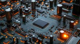 Detailaufnahme einer Leiterplatte mit zentralem Mikrochip und elektronischen Bauteilen.
