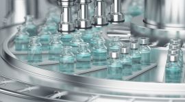 Nahaufnahme einer automatisierten Produktionsanlage mit Glasfläschchen, die mit Flüssigkeit befüllt werden.