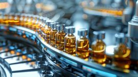 Close-up of a production line with medicine vials.