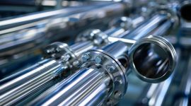 Close-up of shiny stainless steel pipes with flange connections.