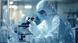 Wissenschaftler in Schutzanzug und Maske arbeitet mit einem Mikroskop im Labor.