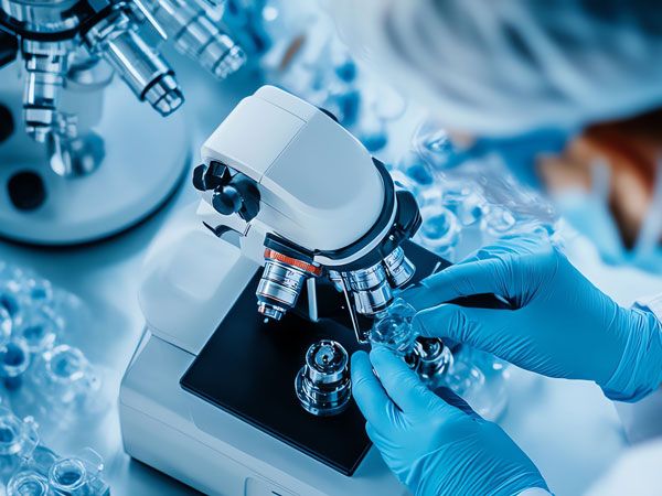 Close-up of a modern microscope with laboratory samples.