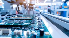 Nahaufnahme einer Leiterplattenproduktion mit automatisierten Maschinen.