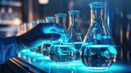 Hand mit Handschuh greift nach einem Erlenmeyerkolben mit Flüssigkeit im Labor, weitere Glasgefäße im Hintergrund.