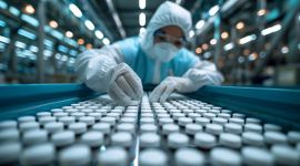 Close-up of a worker in protective suit performing quality control of vials.