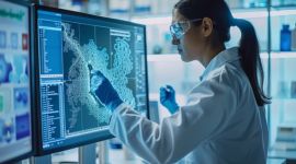 Female scientist in the laboratory analyzing data on a large screen.