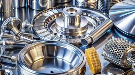 Close-up of precisely manufactured stainless steel machine parts.