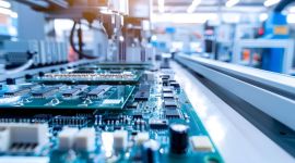 Nahaufnahme einer Leiterplattenproduktion mit automatisierten Maschinen.